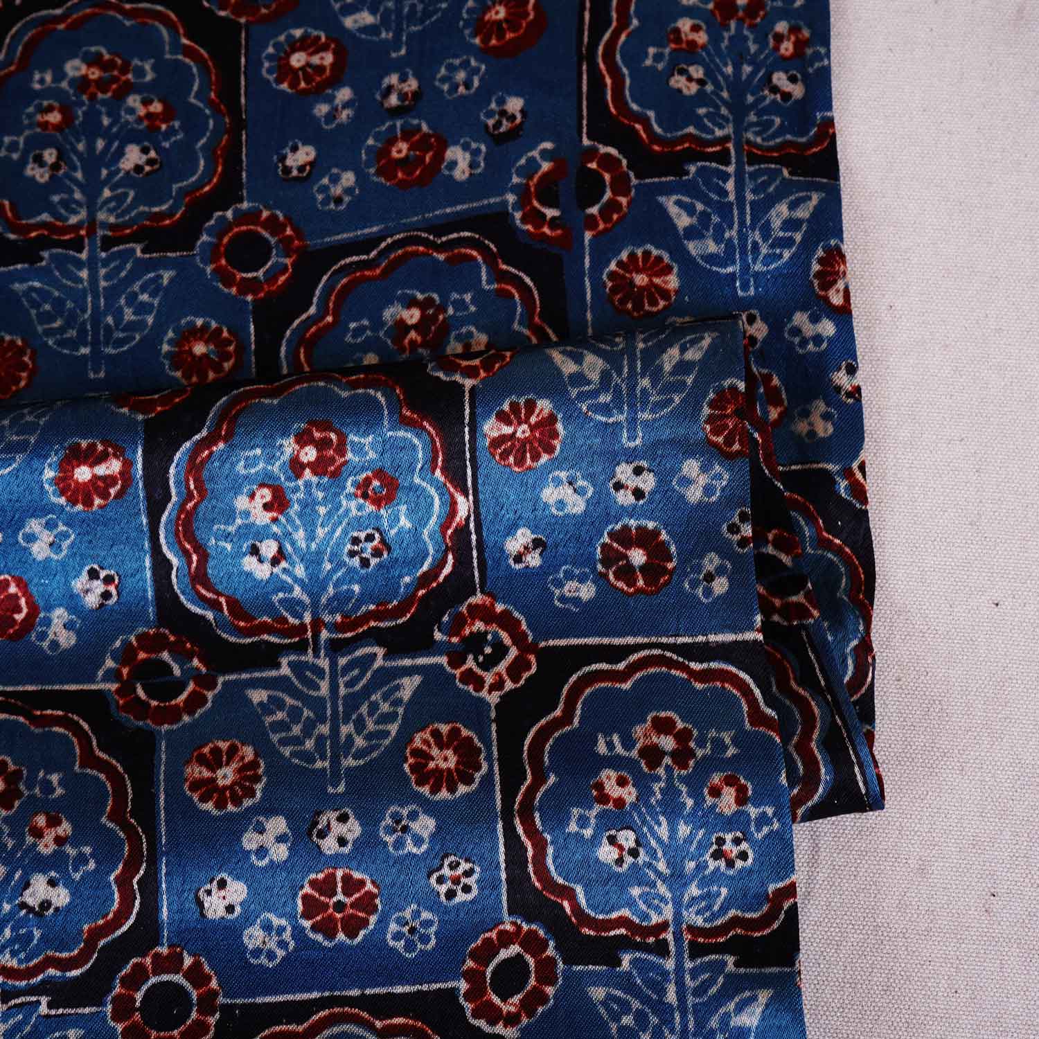Teal Blue Ajrakh Print Mashru Silk Fabric EEG-28656 - TradeUNO