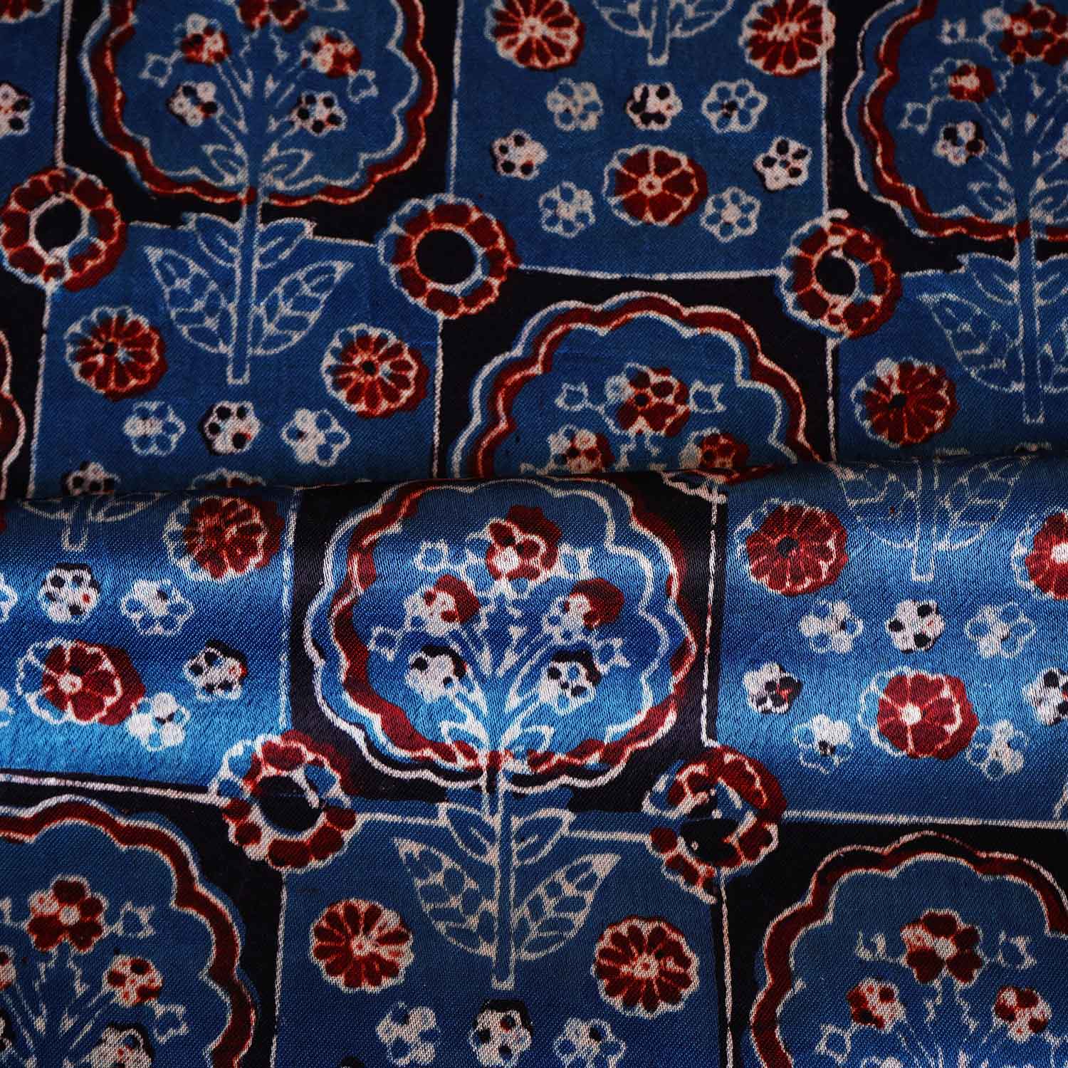 Teal Blue Ajrakh Print Mashru Silk Fabric EEG-28656 - TradeUNO