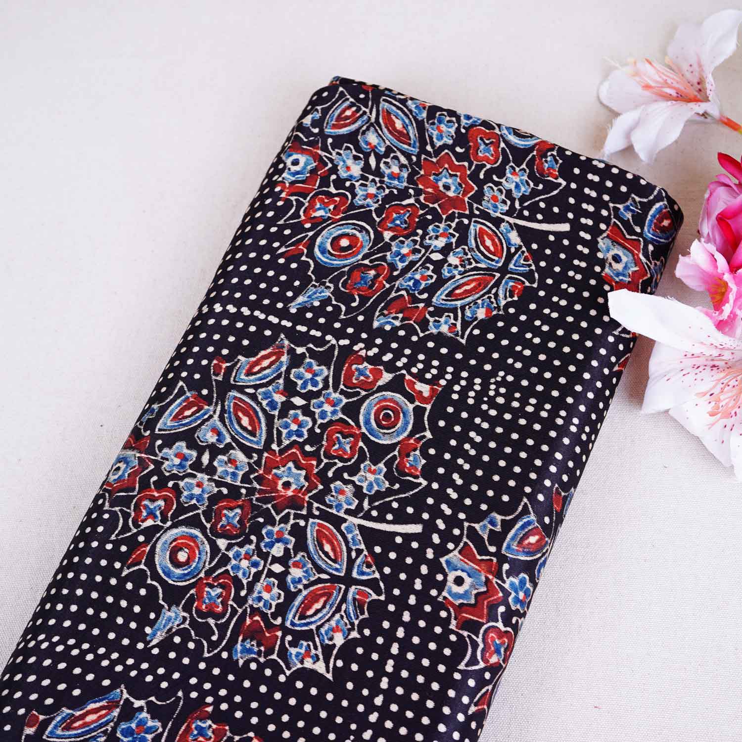 Black Ajrakh Print Mashru Silk Fabric EEG-28657 - TradeUNO