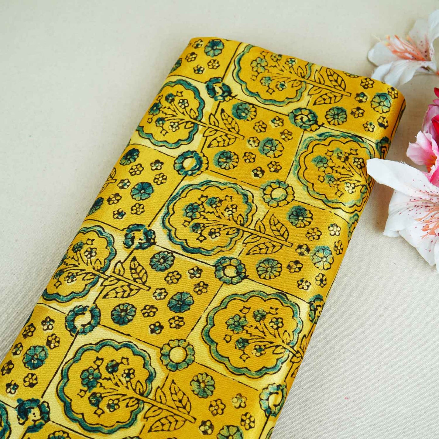 Mustard Yellow Ajrakh Print Mashru Silk Fabric EEG-28658