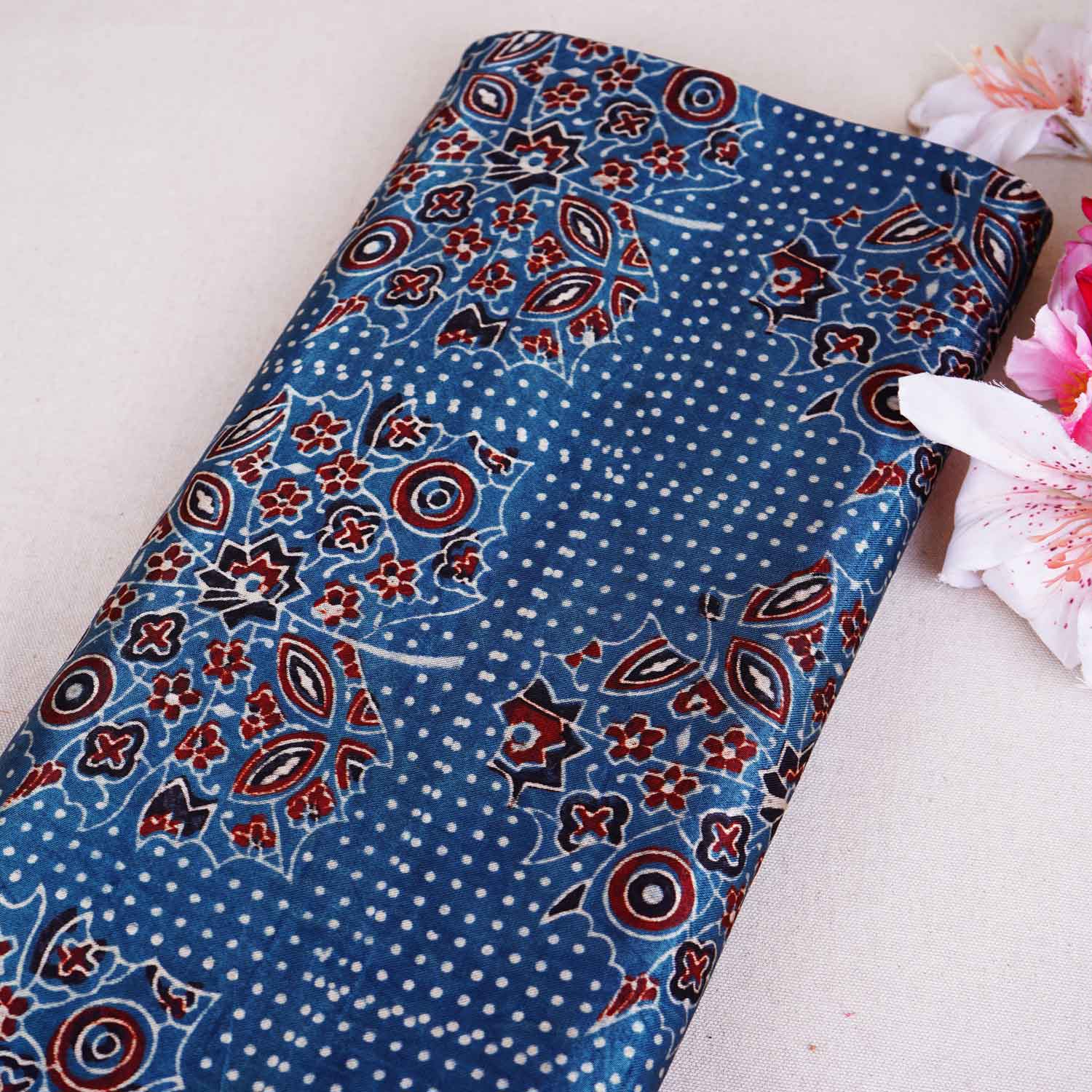 Teal Blue Ajrakh Print Mashru Silk Fabric EEG-28659 - TradeUNO