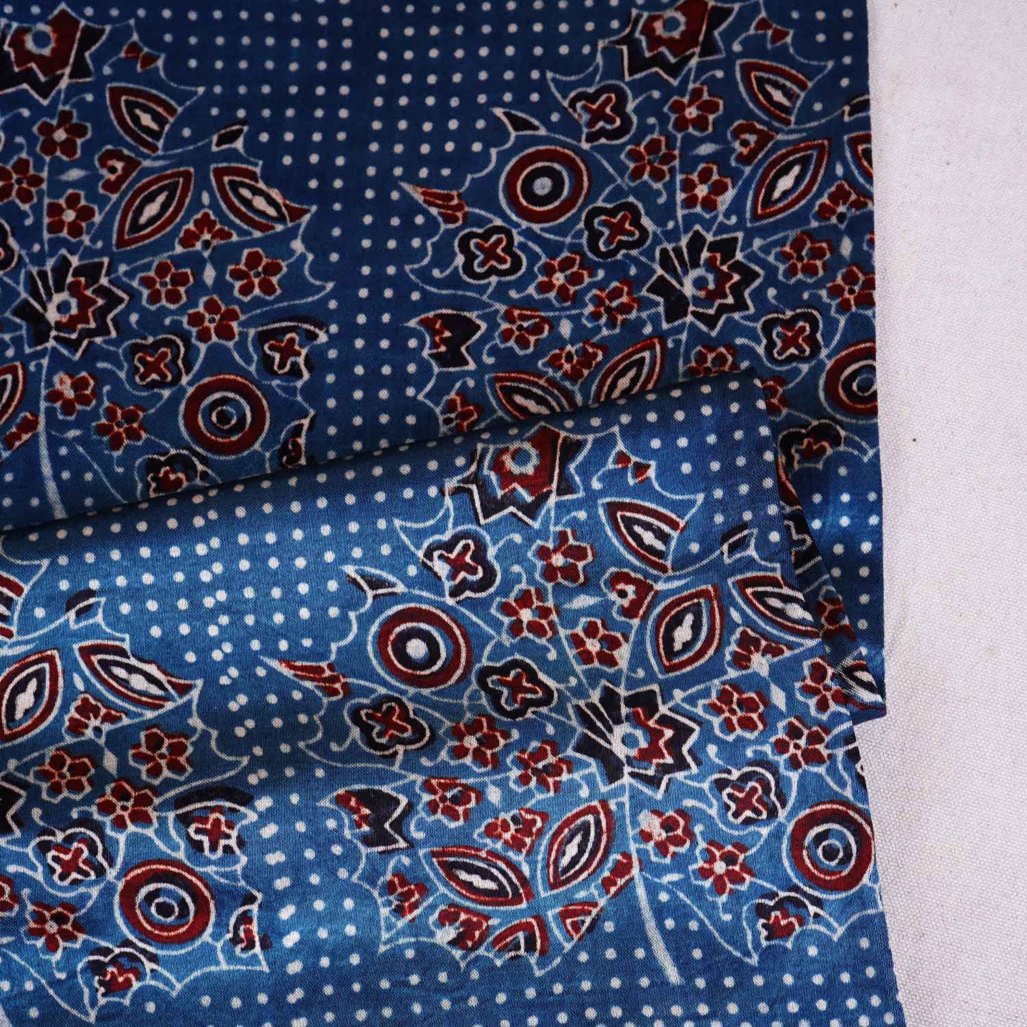Teal Blue Ajrakh Print Mashru Silk Fabric EEG-28659 - TradeUNO