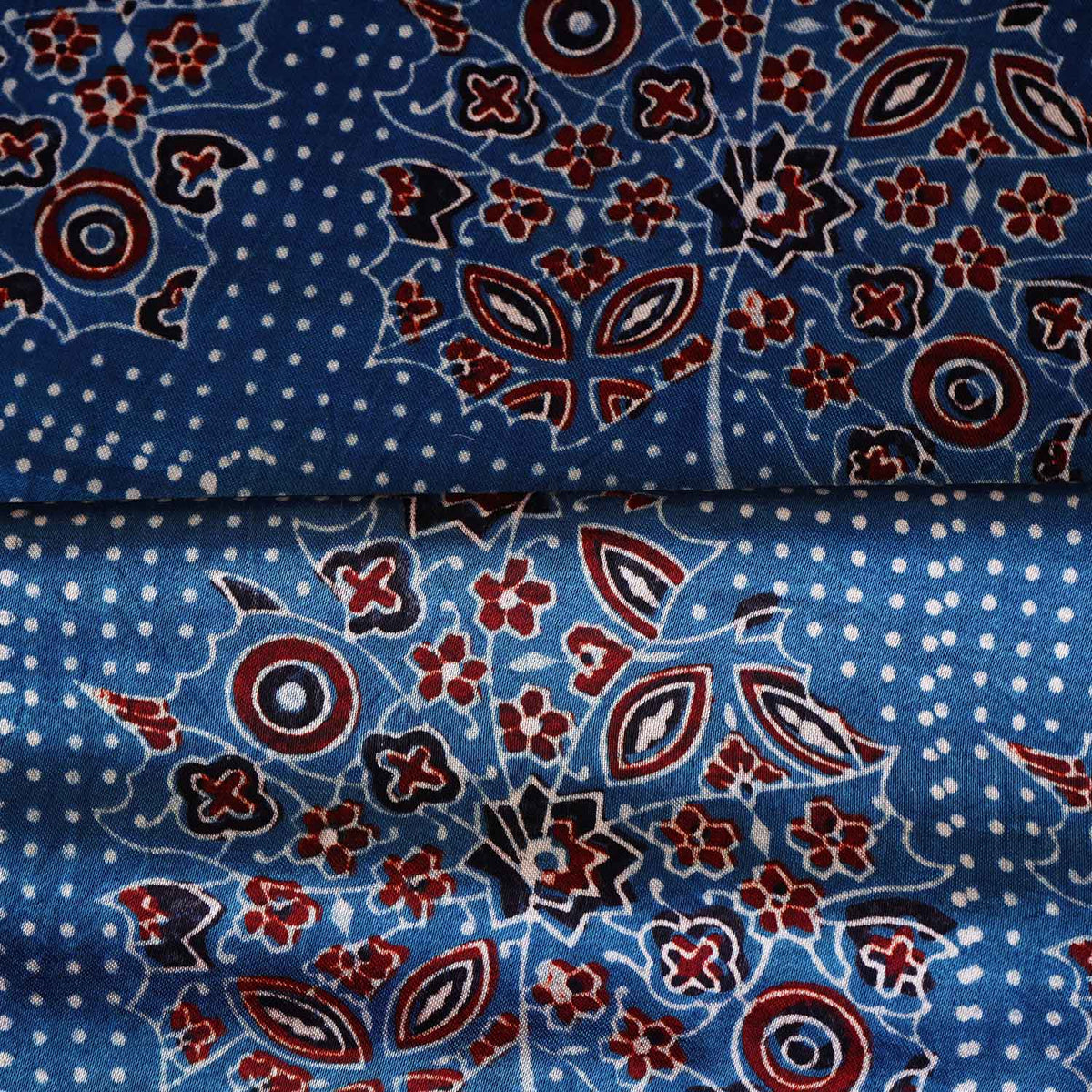 Teal Blue Ajrakh Print Mashru Silk Fabric EEG-28659 - TradeUNO
