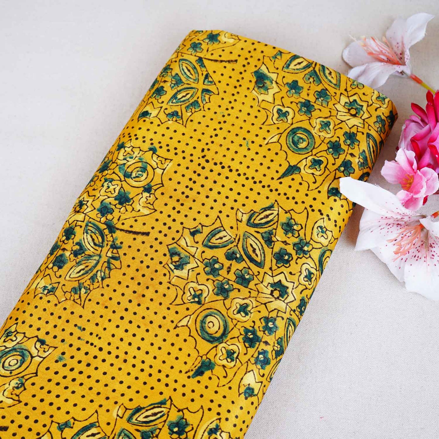 Mustard Yellow Ajrakh Print Mashru Silk Fabric EEG-28660