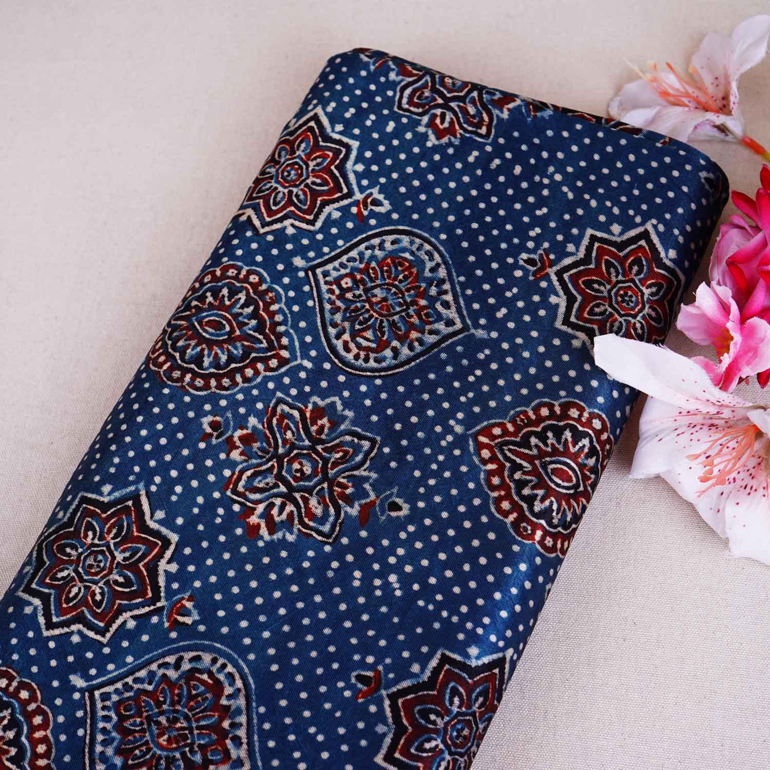 Teal Blue Ajrakh Print Mashru Silk Fabric EEG-28661 - TradeUNO