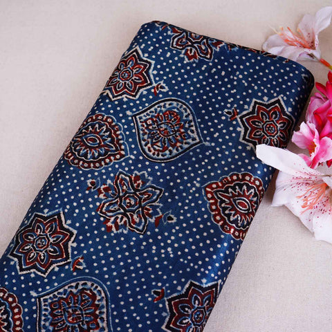 Teal Blue Ajrakh Print Mashru Silk Fabric EEG-28661