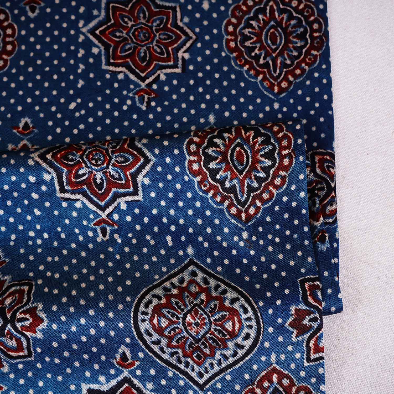 Teal Blue Ajrakh Print Mashru Silk Fabric EEG-28661 - TradeUNO