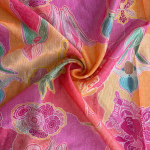 Pink Floral Print Chanderi Silk Fabric