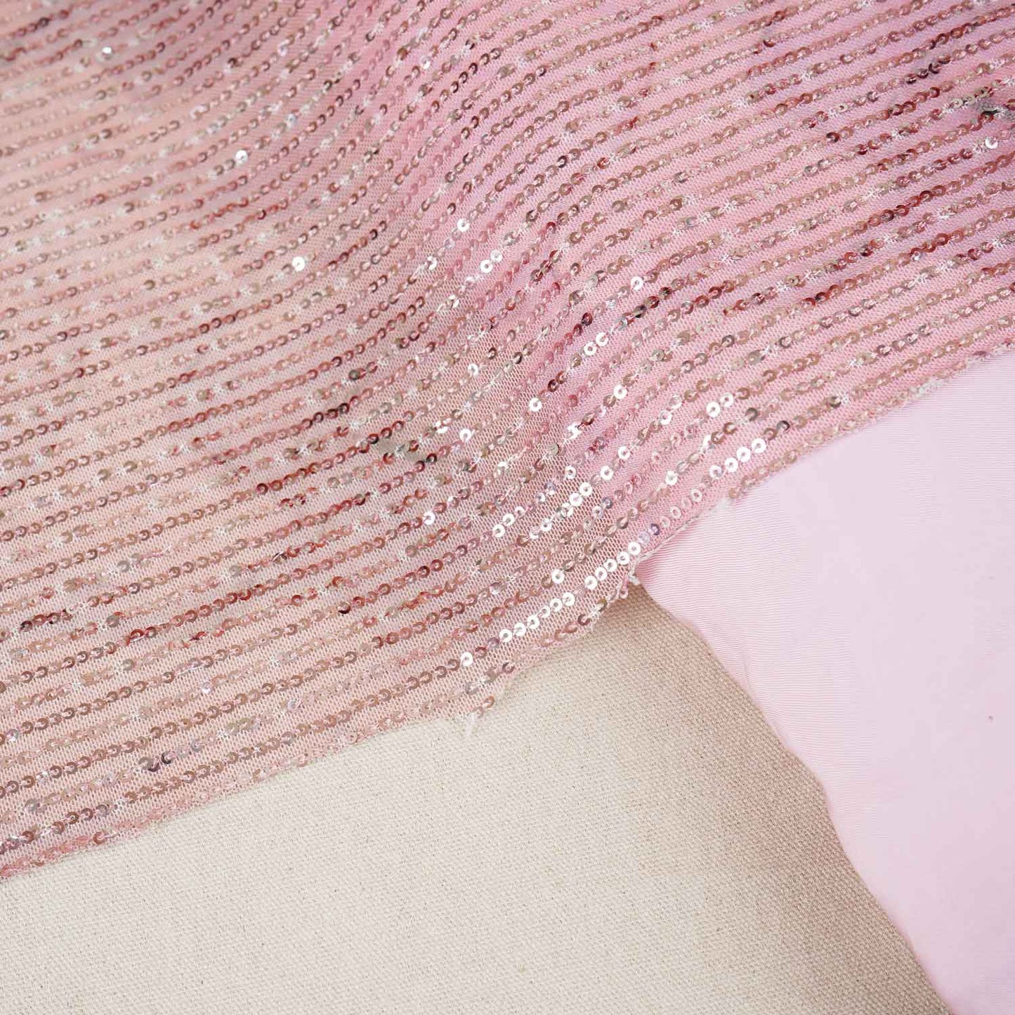 Peach Sequins Embroidery Net Lycra Fabric