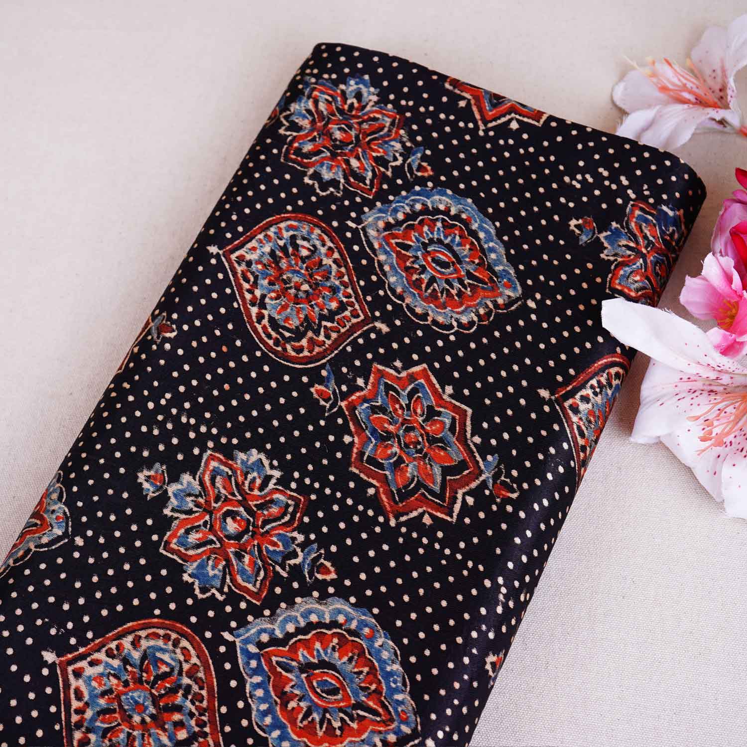 Black Ajrakh Print Mashru Silk Fabric EEG-28665 - TradeUNO