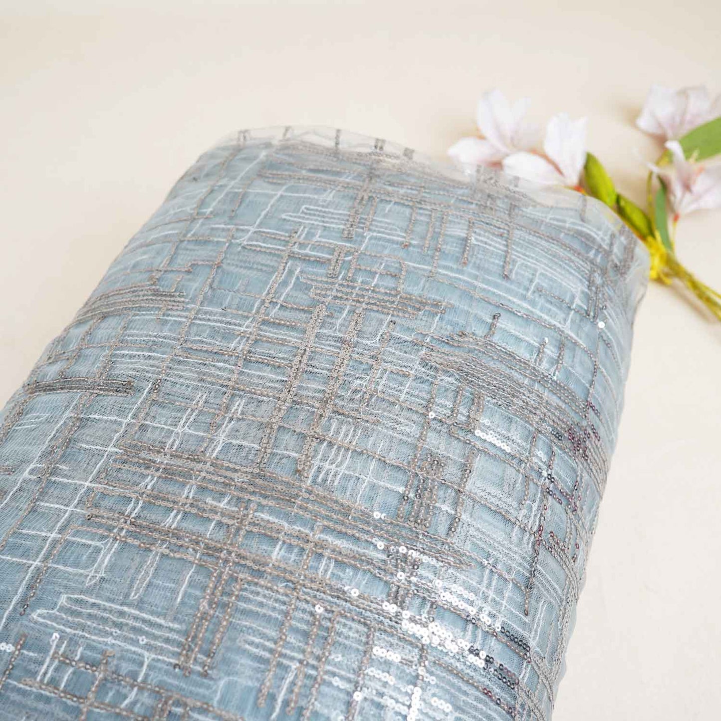 Grey Checks Sequins Embroidery Net Fabric