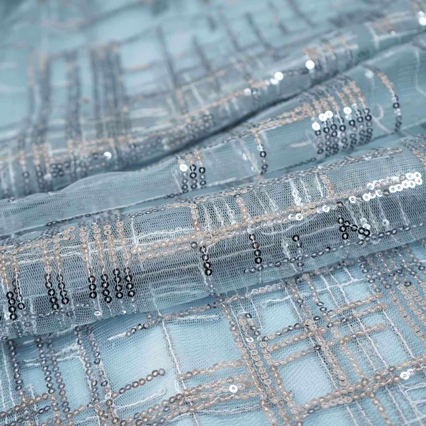 Grey Checks Sequins Embroidery Net Fabric