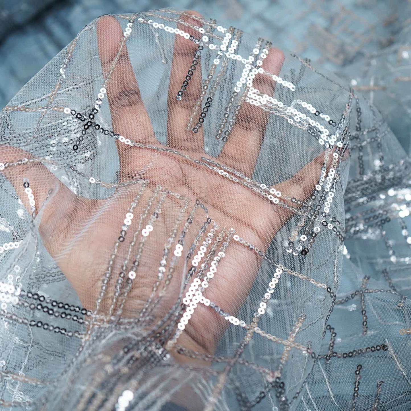 Grey Checks Sequins Embroidery Net Fabric