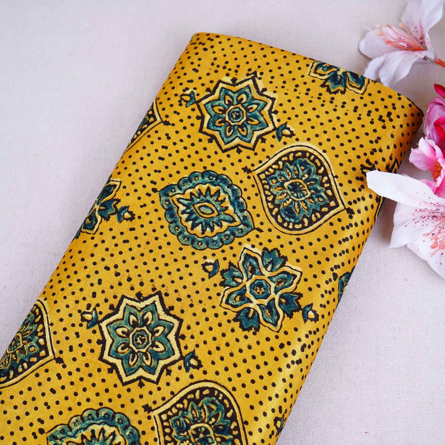 Mustard Yellow Ajrakh Print Mashru Silk Fabric EEG-28668