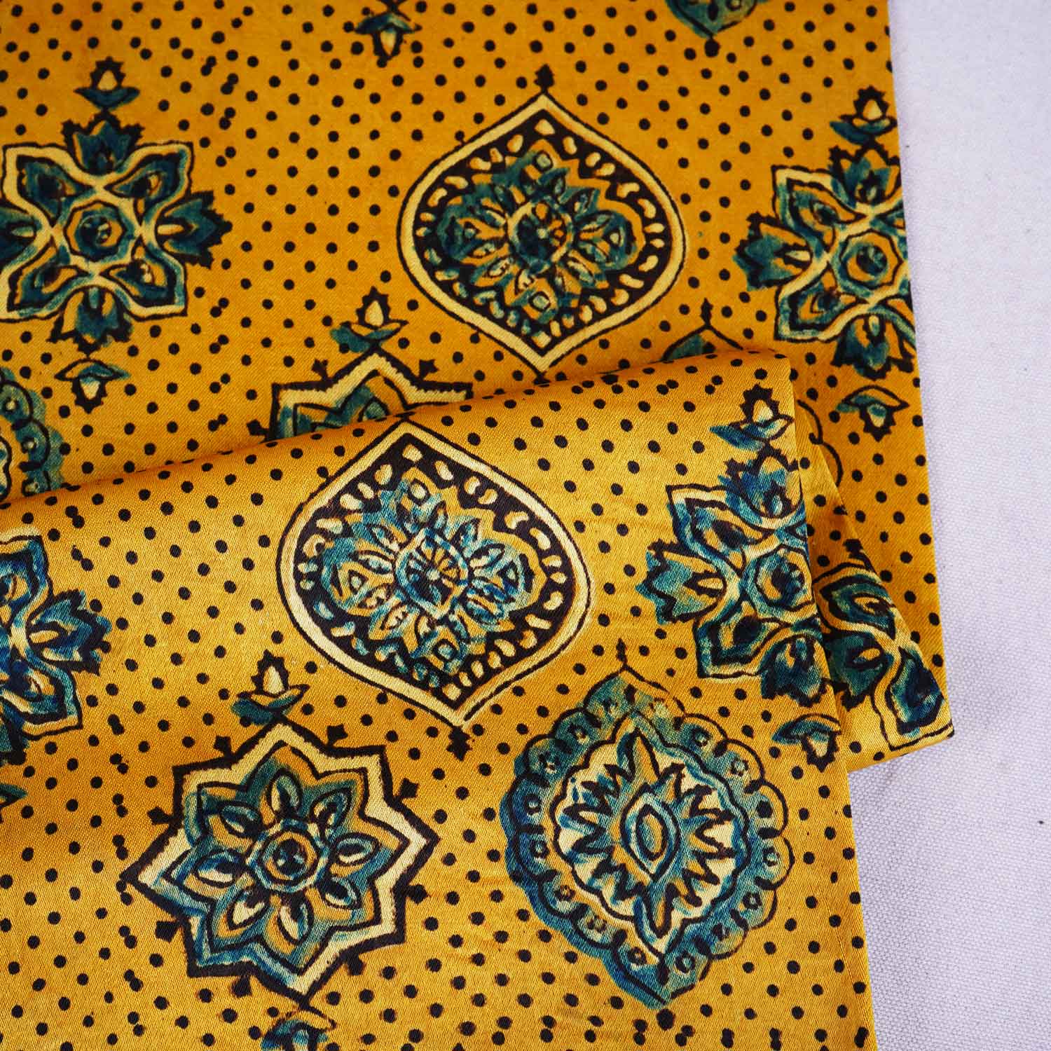Mustard Yellow Ajrakh Print Mashru Silk Fabric EEG-28668 - TradeUNO