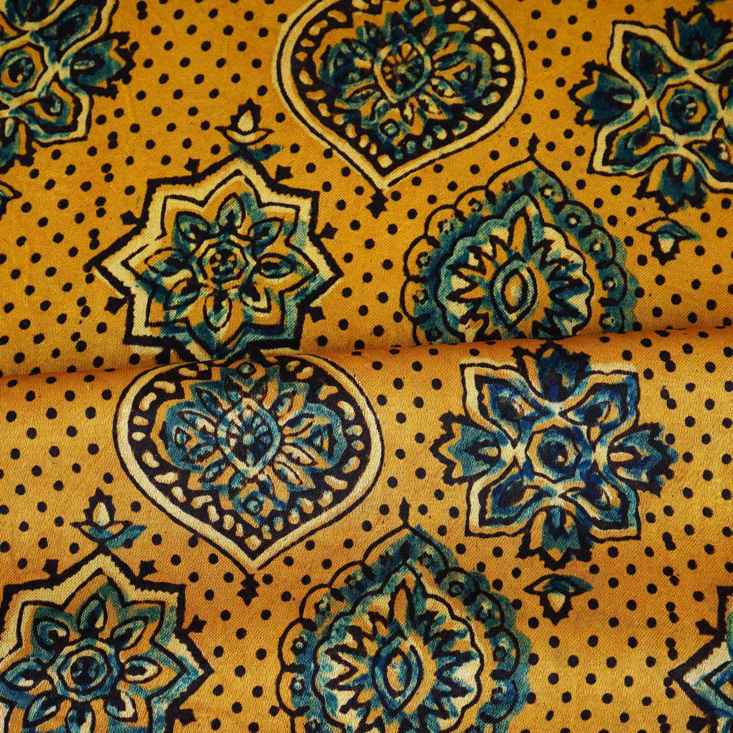 Mustard Yellow Ajrakh Print Mashru Silk Fabric EEG-28668 - TradeUNO