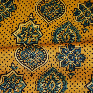 Mustard Yellow Ajrakh Print Mashru Silk Fabric EEG-28668 - TradeUNO