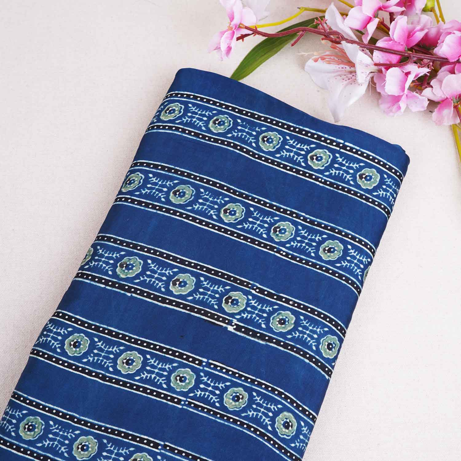 Blue Ajrakh Print Modal Satin Fabric EEG-28671 - TradeUNO