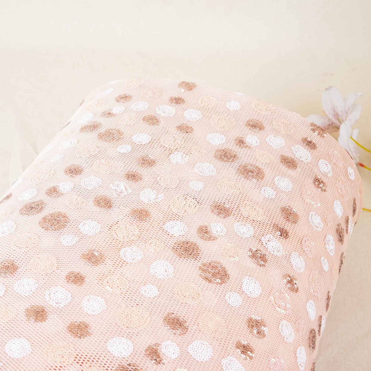 Peach With White Brown Sequins Embroidery Net Fabric