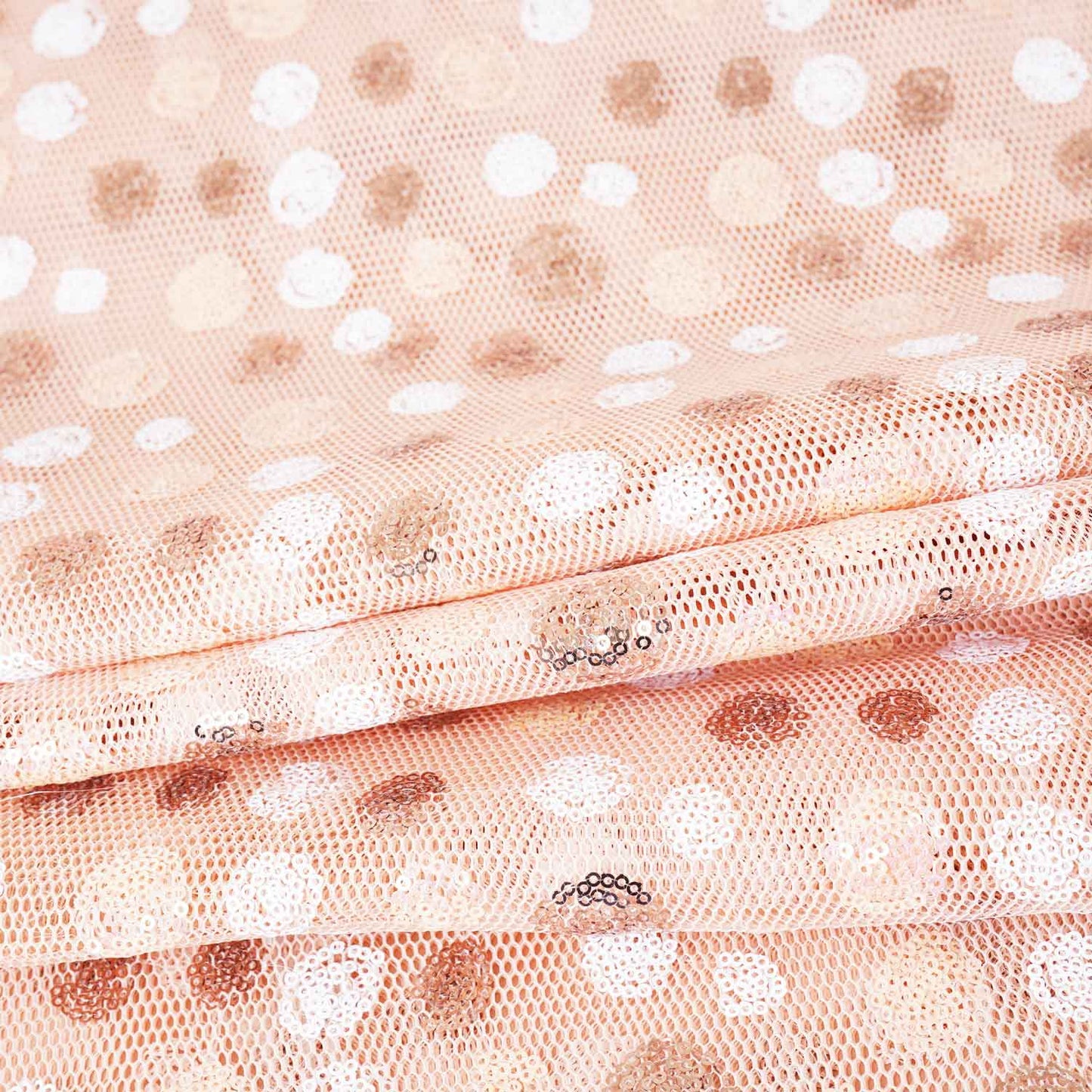 Peach With White Brown Sequins Embroidery Net Fabric