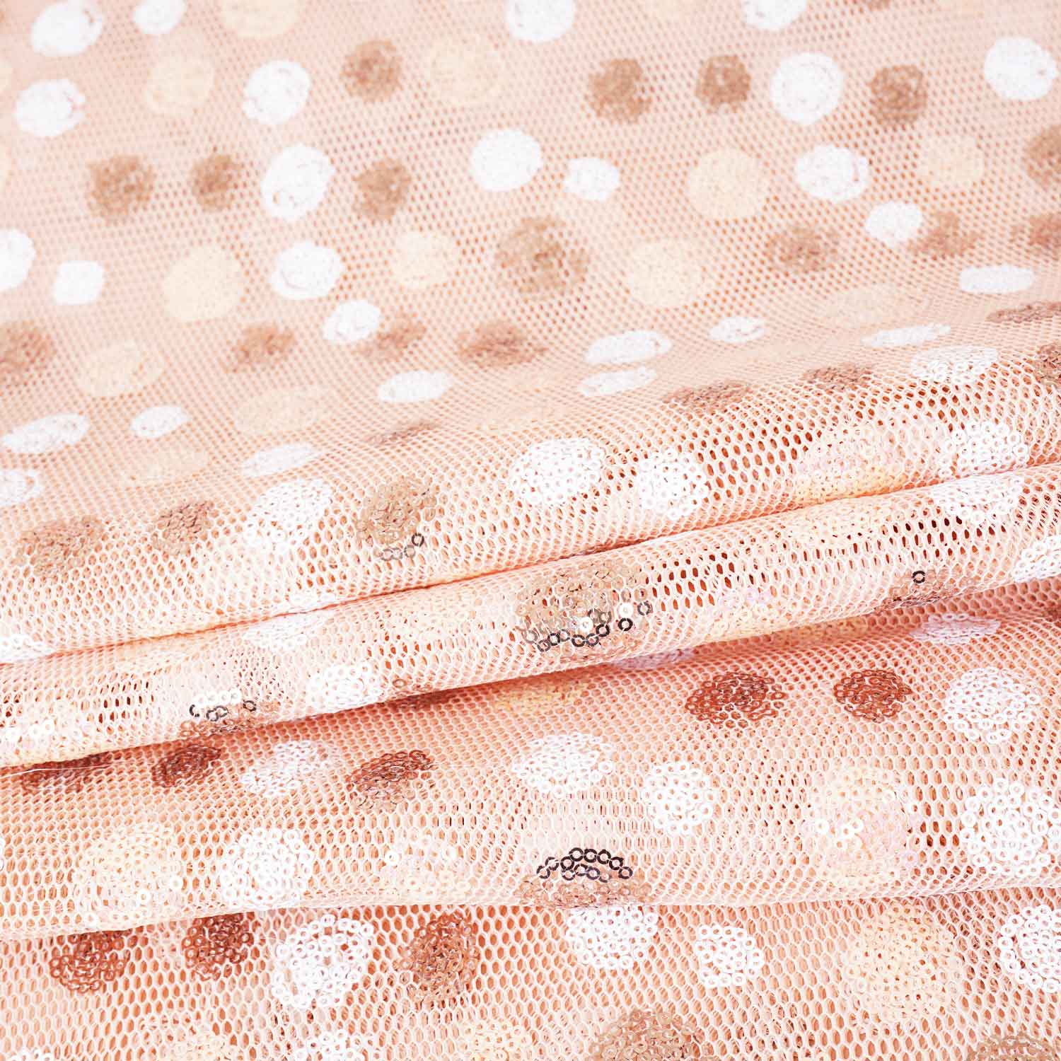 Peach With White Brown Sequins Embroidery Net Fabric - TradeUNO
