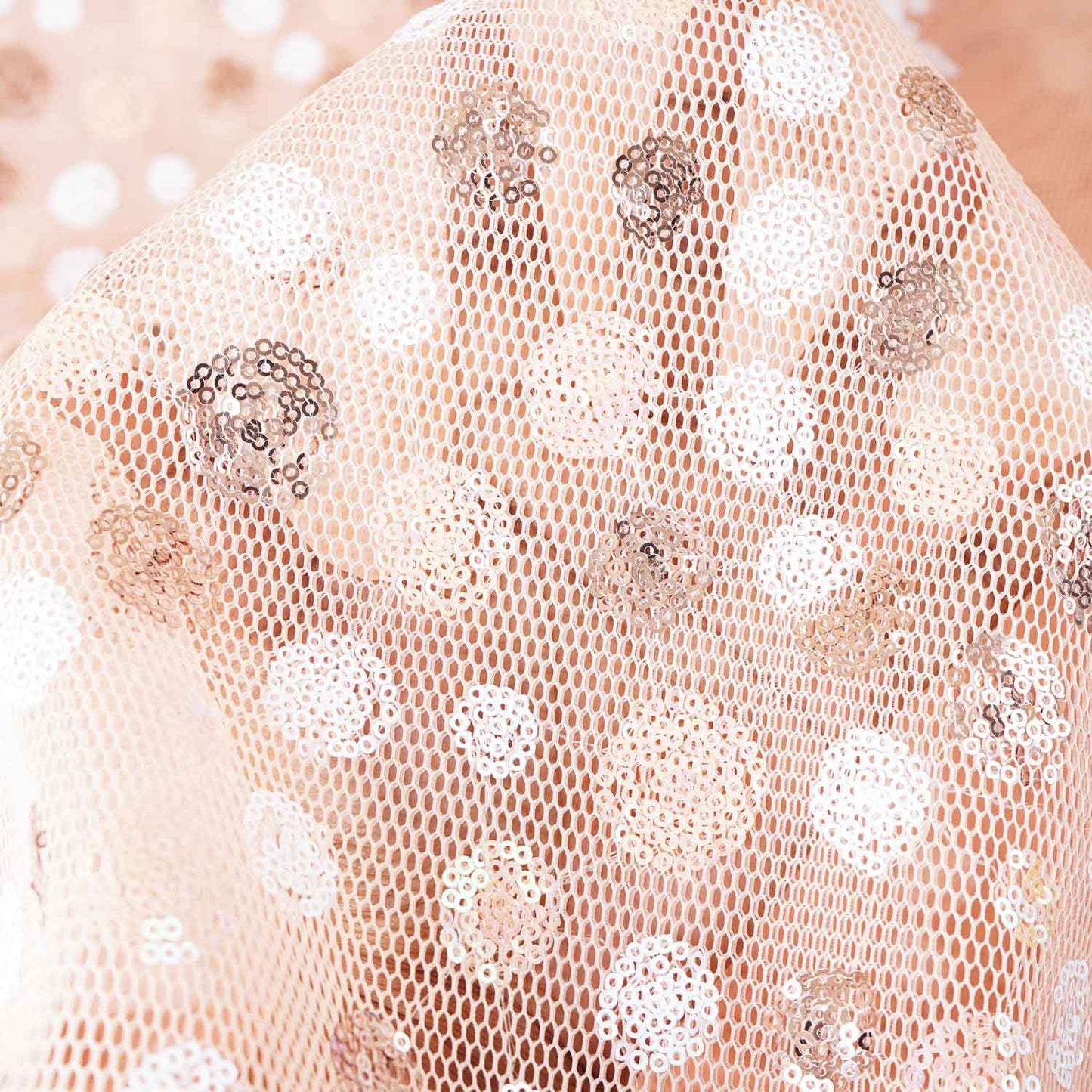 Peach With White Brown Sequins Embroidery Net Fabric