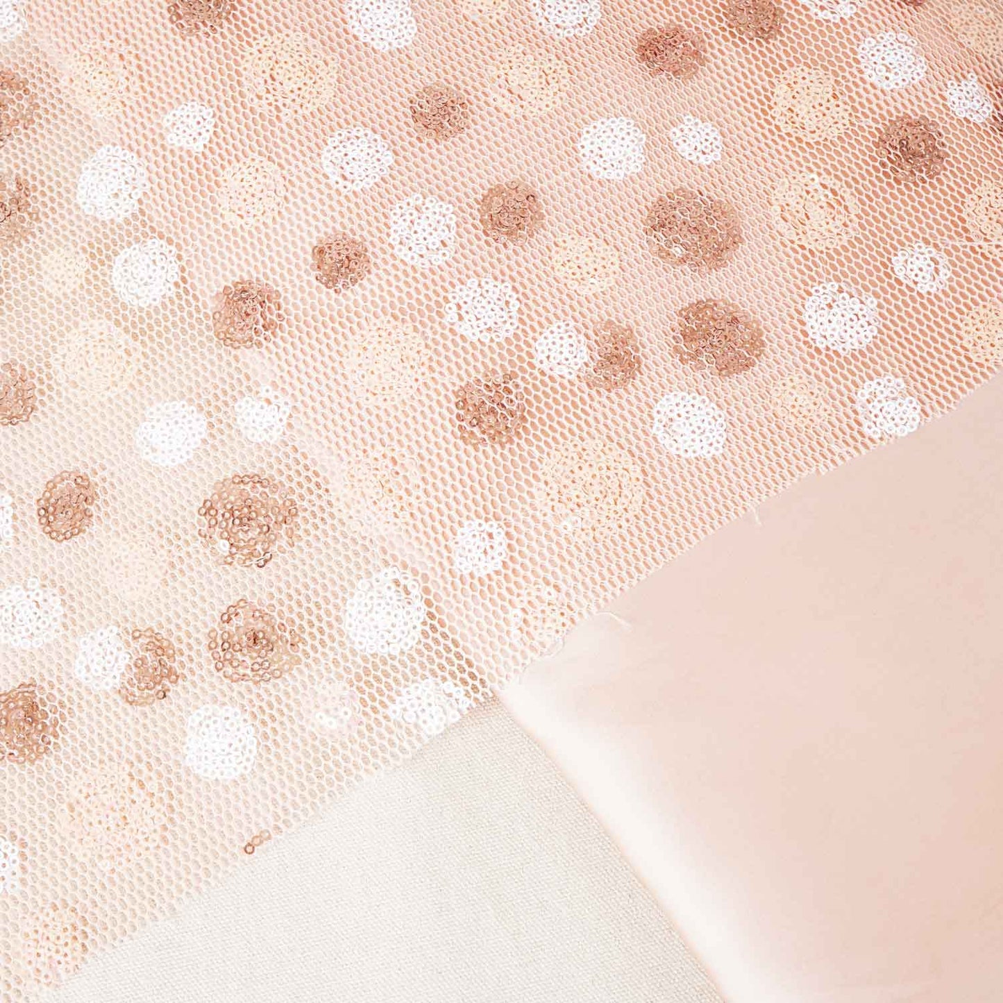 Peach With White Brown Sequins Embroidery Net Fabric