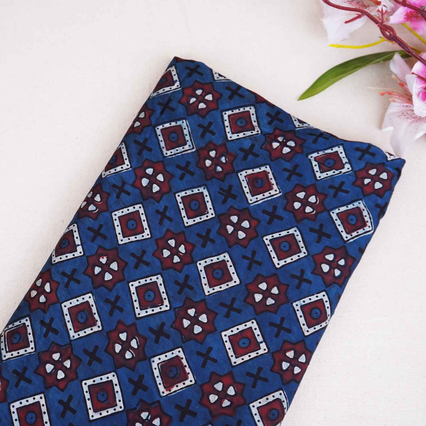 Navy Blue Gerometrical Print Modal Satin Fabric EEG-28682
