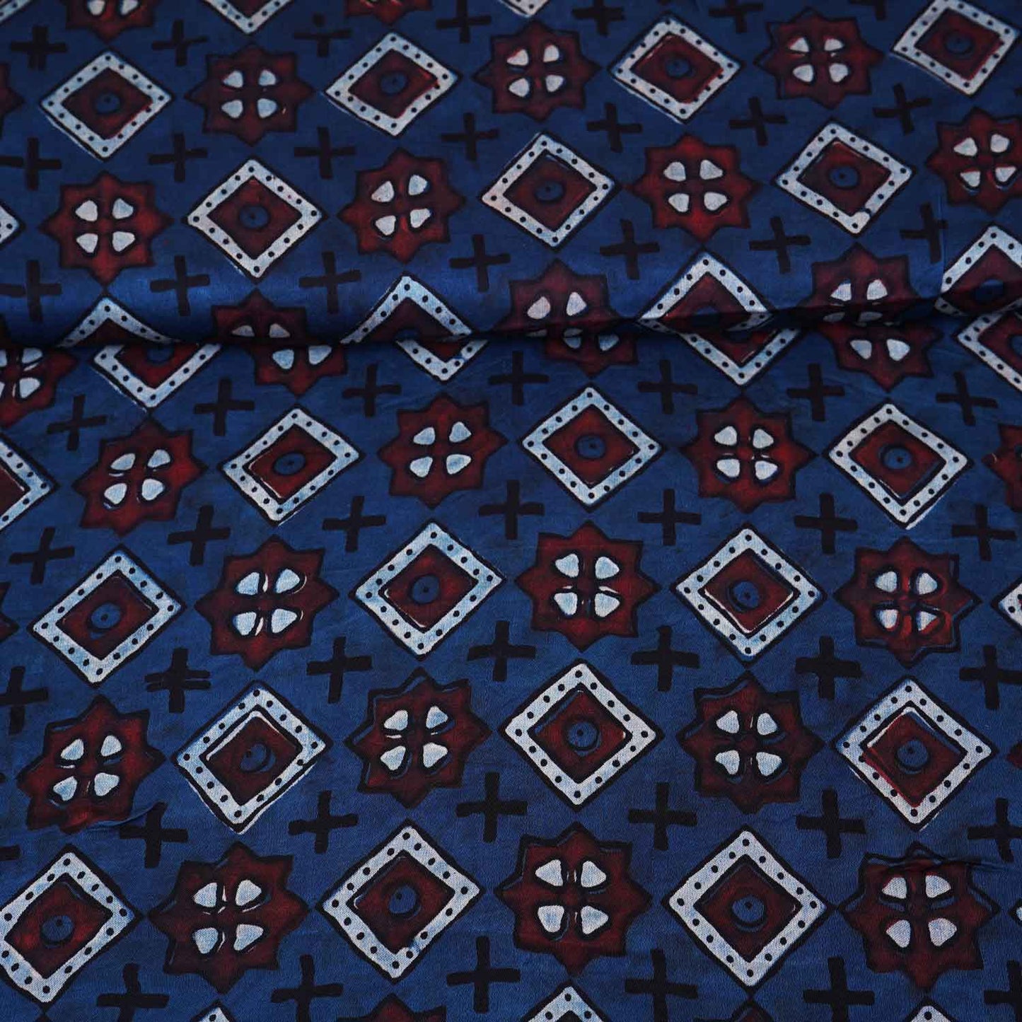 Navy Blue Gerometrical Print Modal Satin Fabric EEG-28682