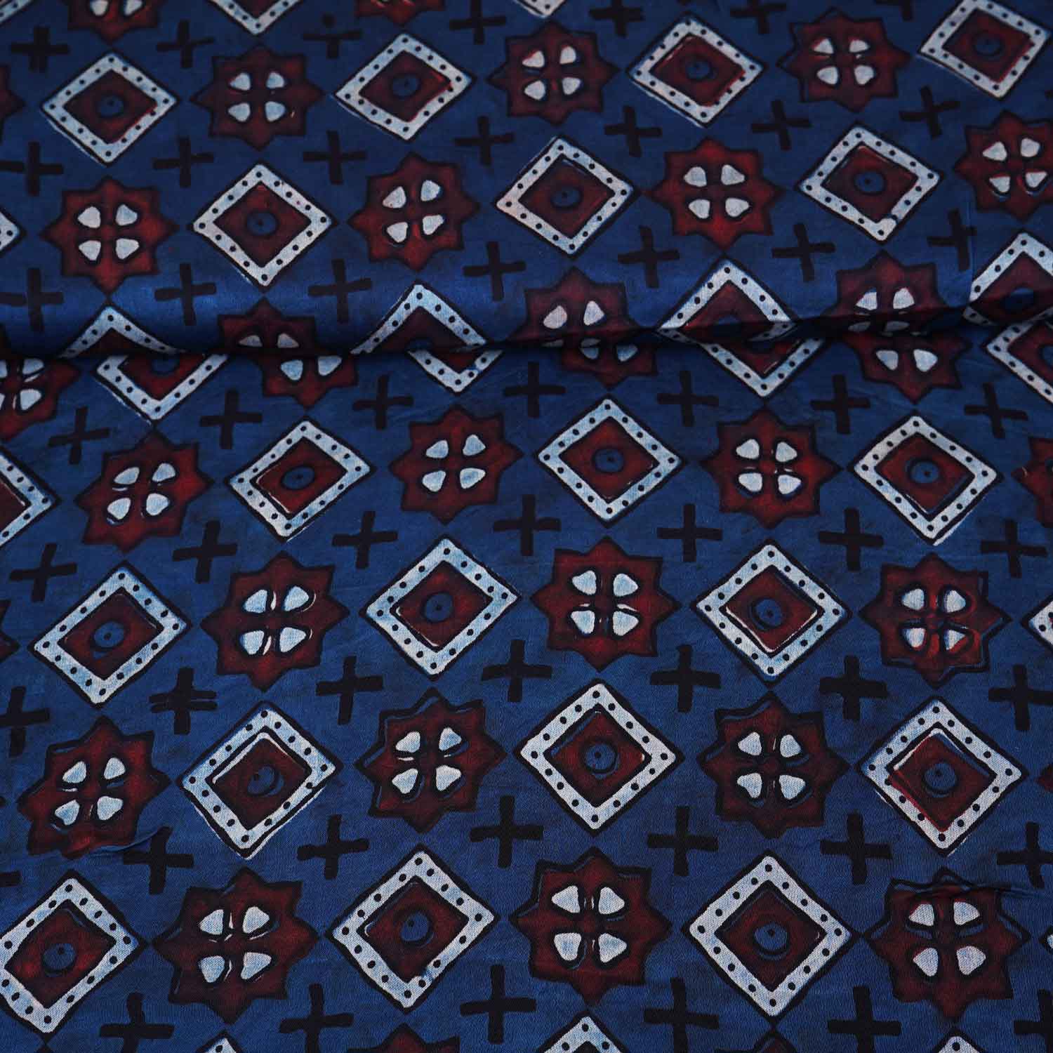 Navy Blue Gerometrical Print Modal Satin Fabric EEG-28682 - TradeUNO