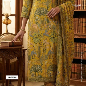 Yellow Thread Embroidery Georgette Fabric DR-32380 - TradeUNO