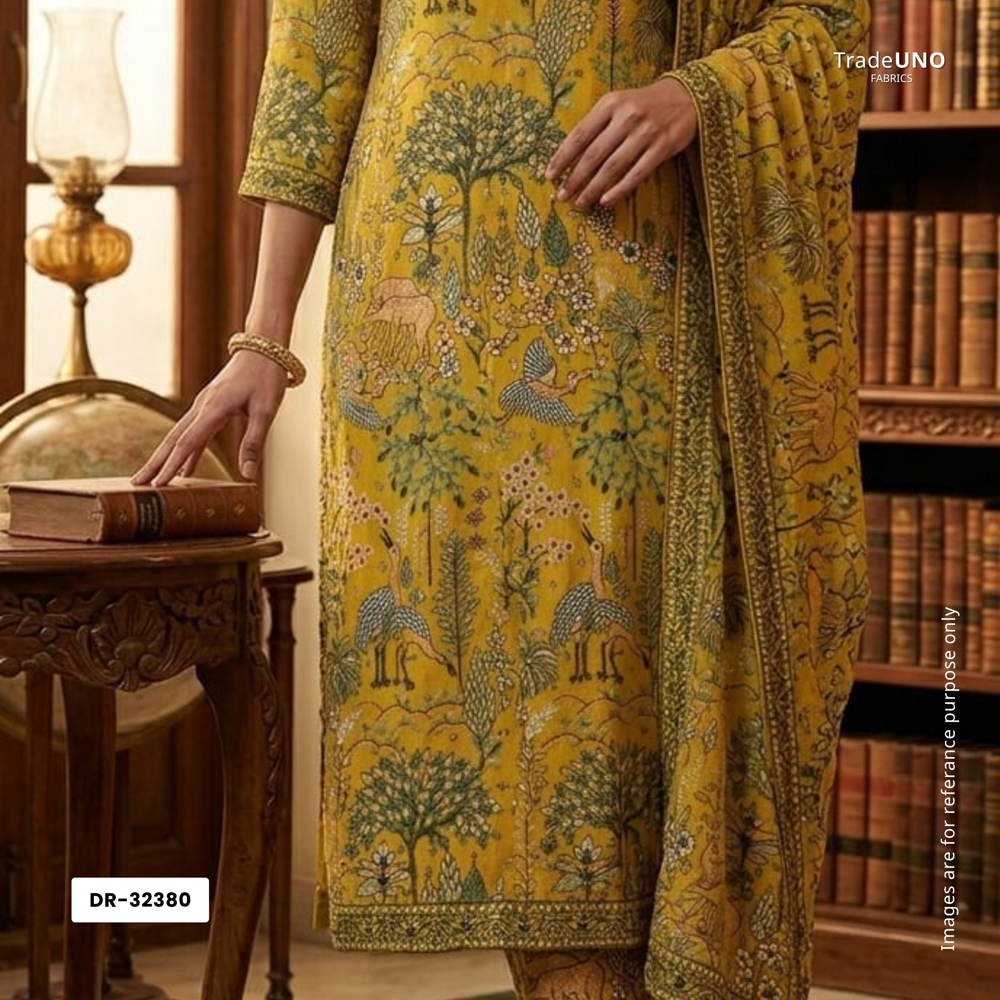 Yellow Thread Embroidery Georgette Fabric DR-32380 - TradeUNO