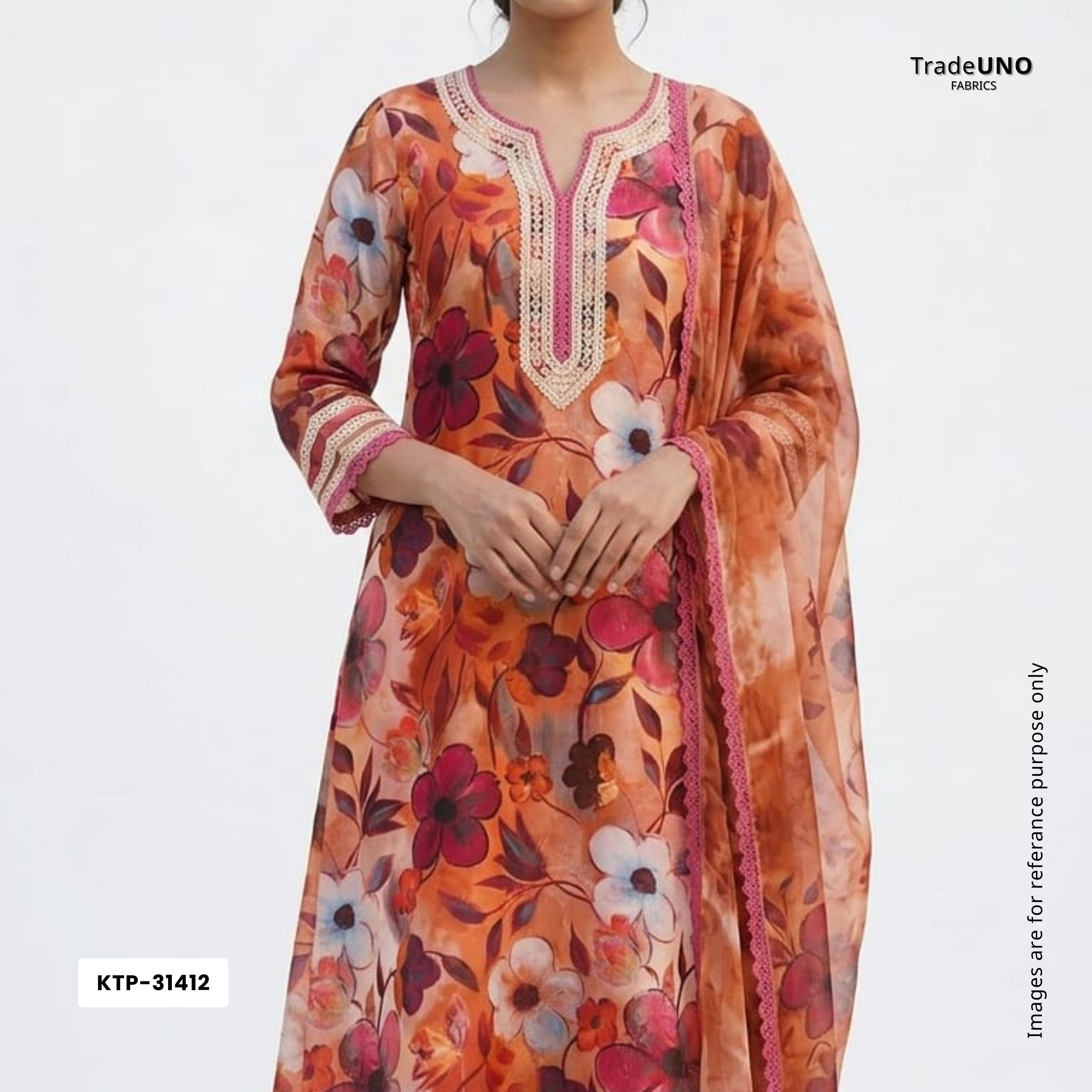 Orange floral print Bemberg Modal Silk Fabric KTP-31412 - TradeUNO