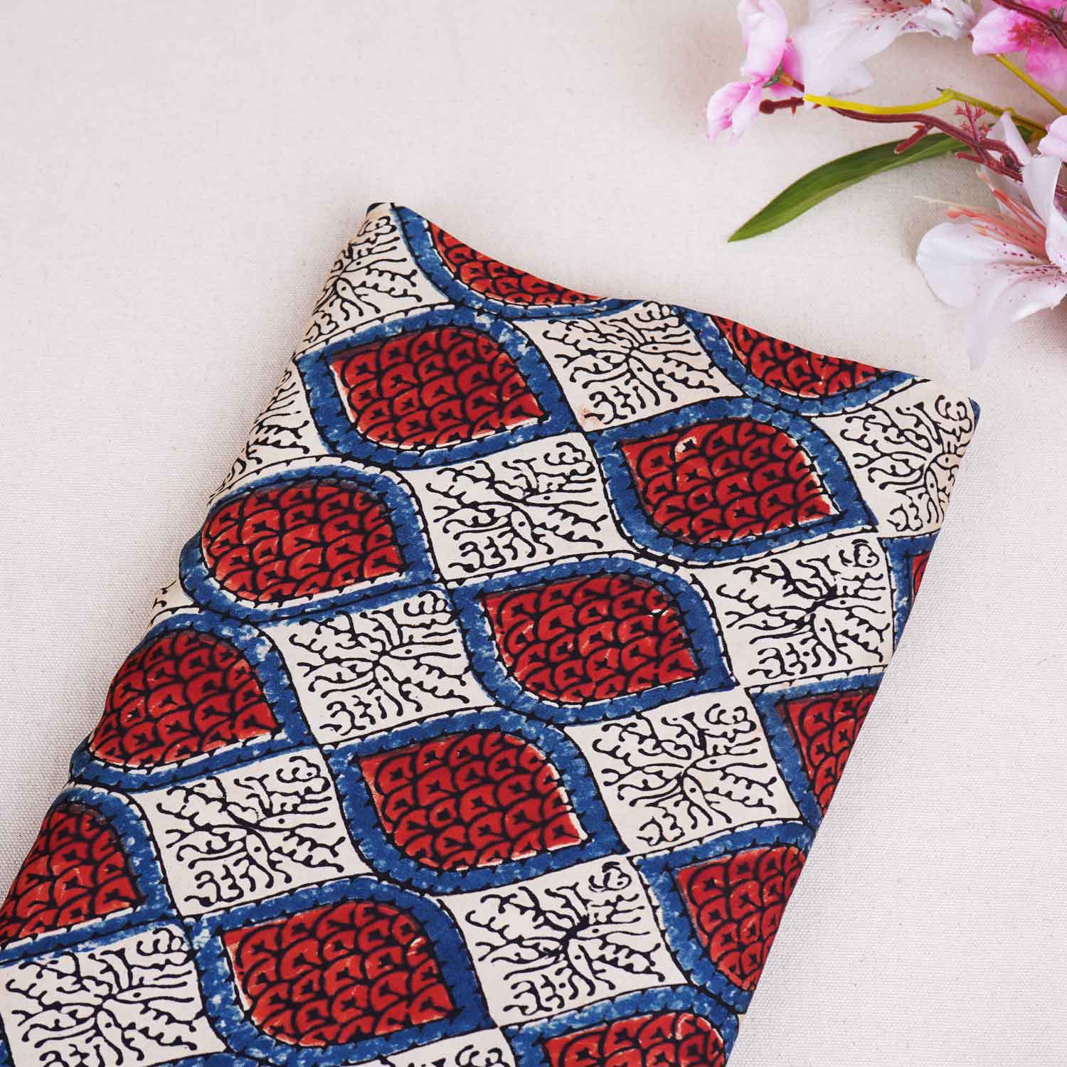 Cream Ajrakh Print Modal Satin Fabric EEG-28707 - TradeUNO