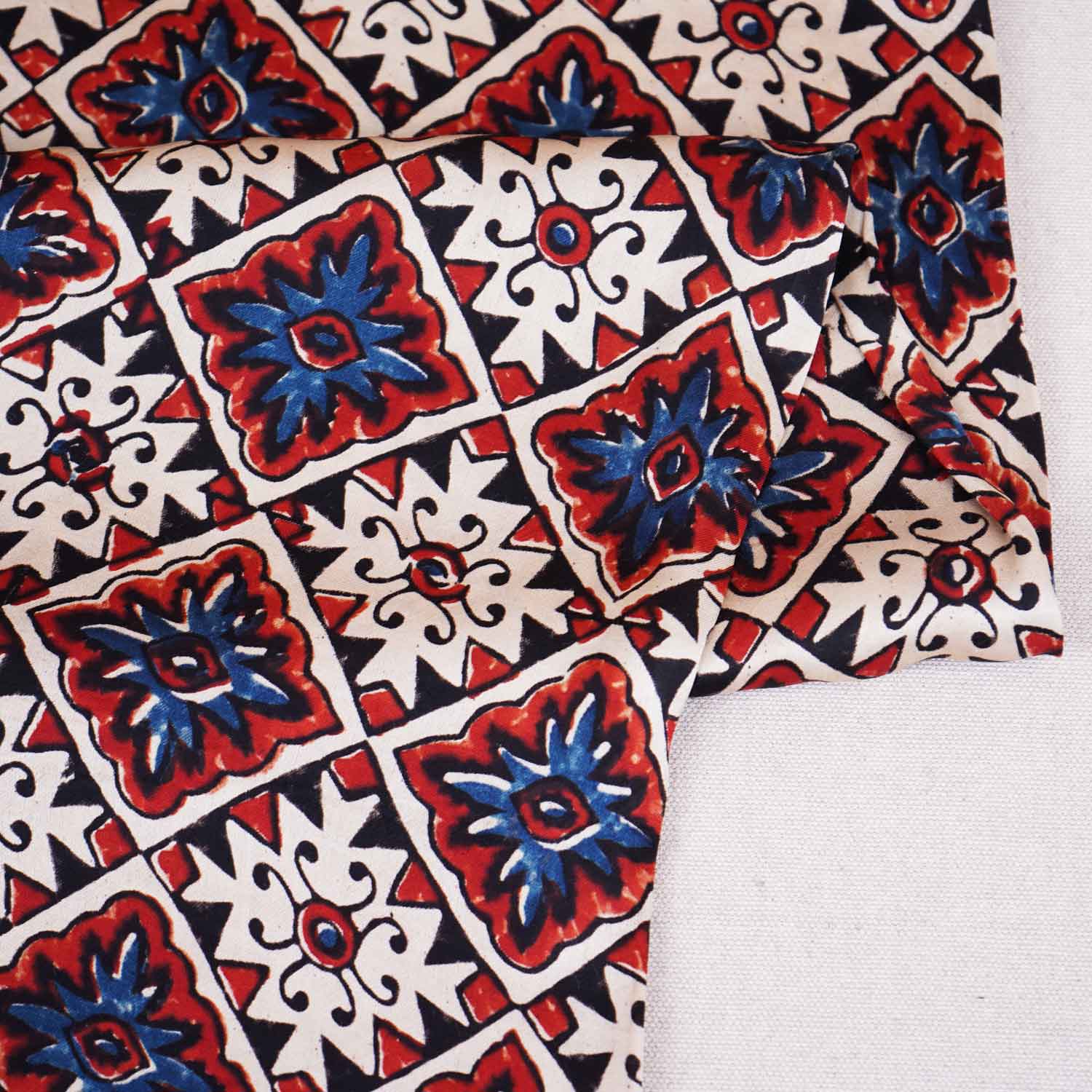 Cream Ajrakh Print Modal Satin Fabric EEG-28712 - TradeUNO