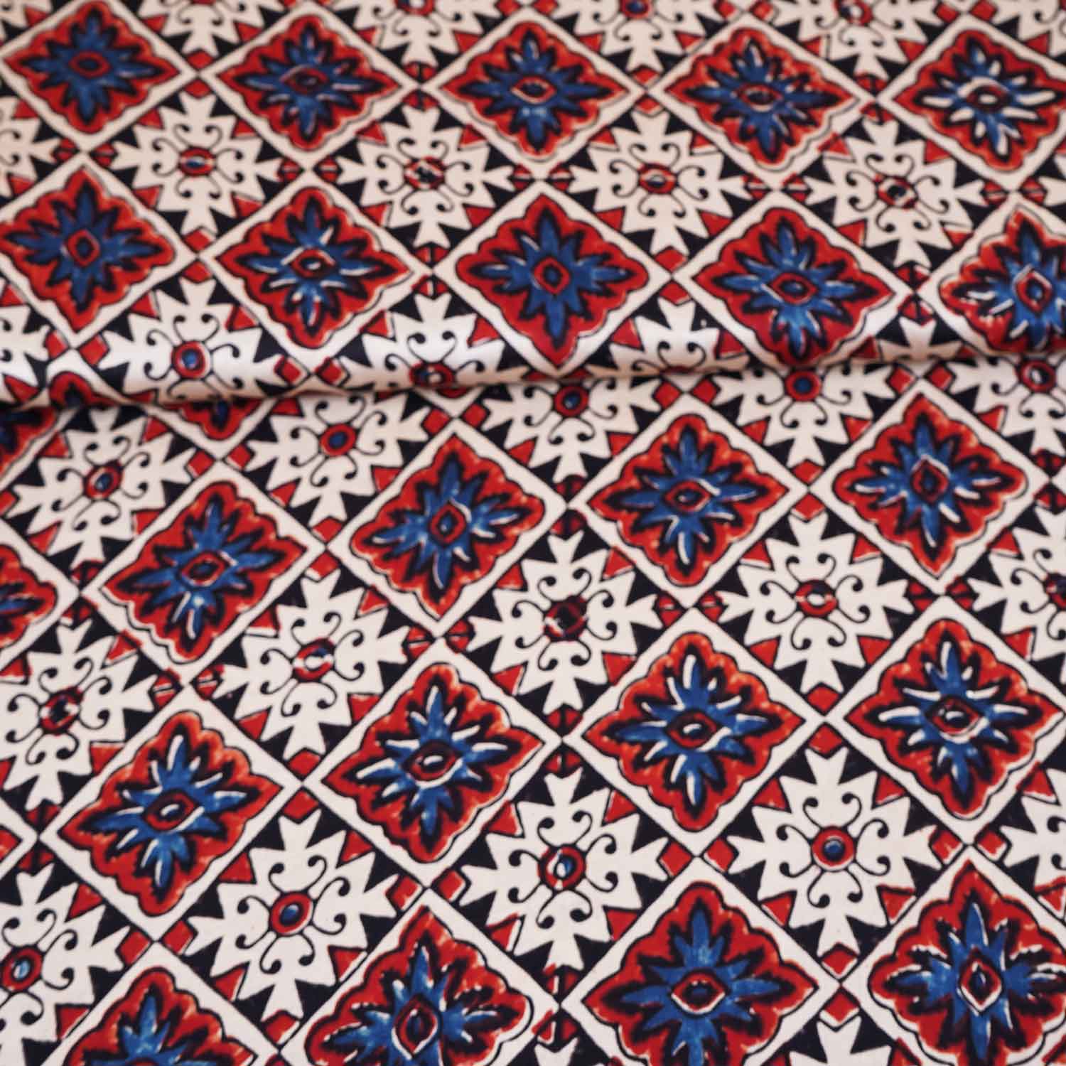 Cream Ajrakh Print Modal Satin Fabric EEG-28712 - TradeUNO