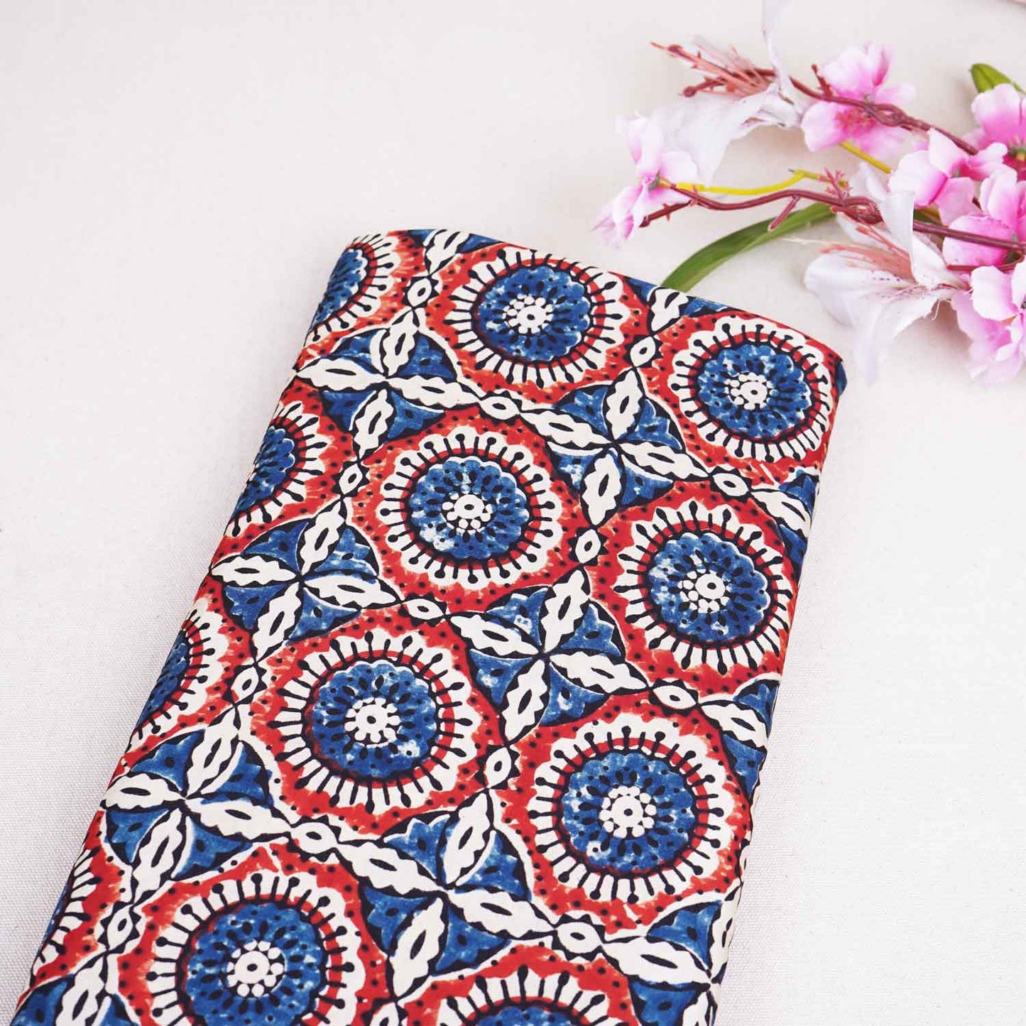 Cream Ajrakh Print Modal Satin Fabric EEG-28721