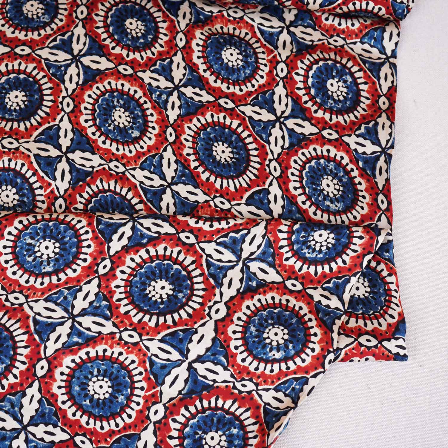 Cream Ajrakh Print Modal Satin Fabric EEG-28721 - TradeUNO