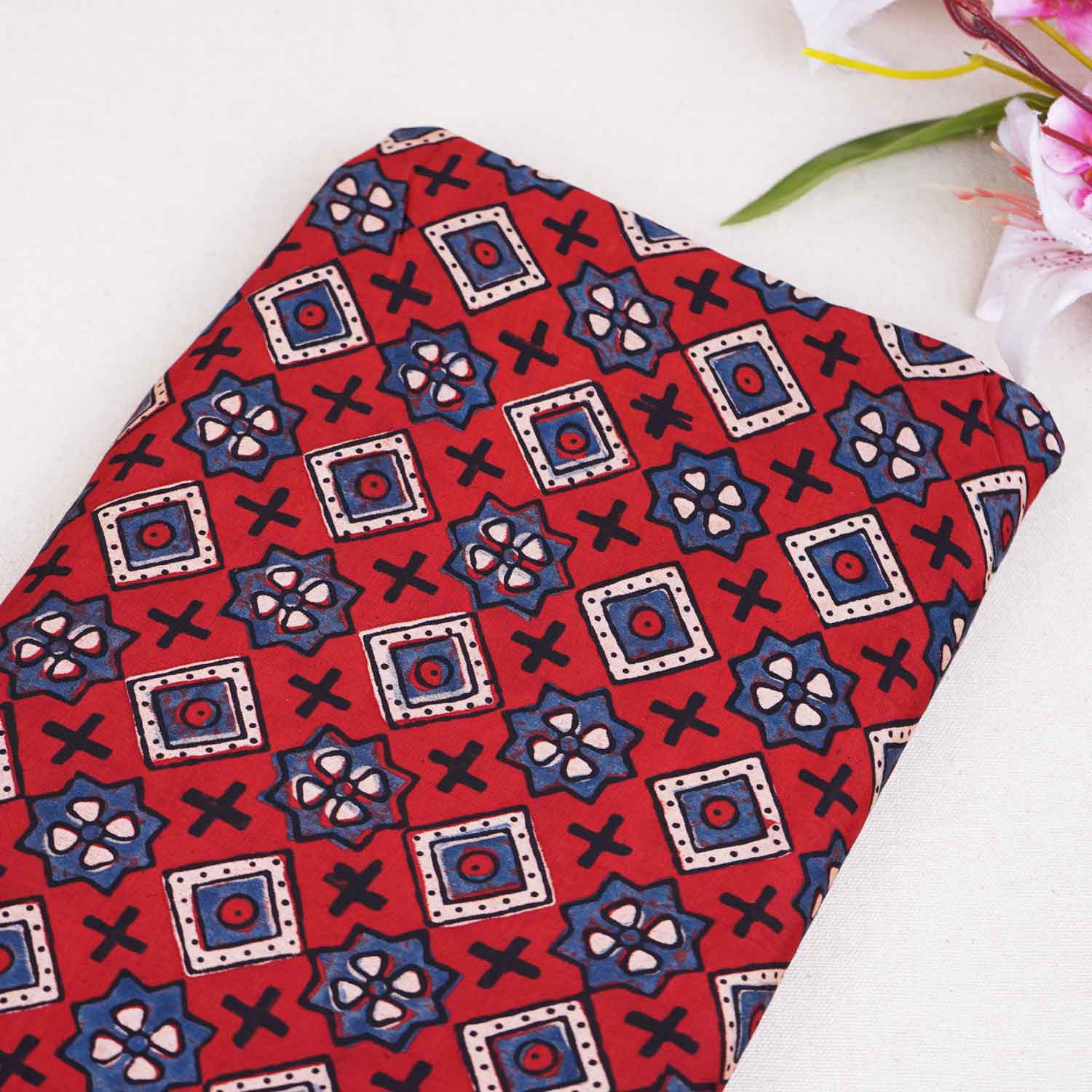 Red Geometrical Print Modal Satin Fabric EEG-28728 - TradeUNO