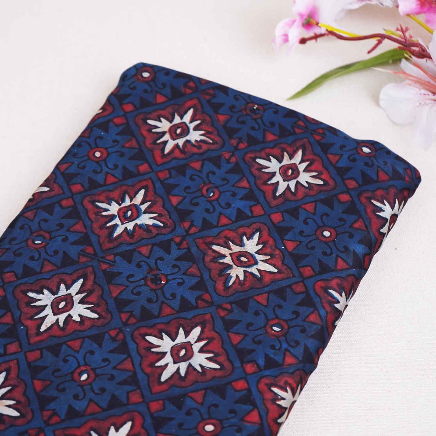 Navy Blue Ajrakh Print Modal Satin Fabric EEG-28733