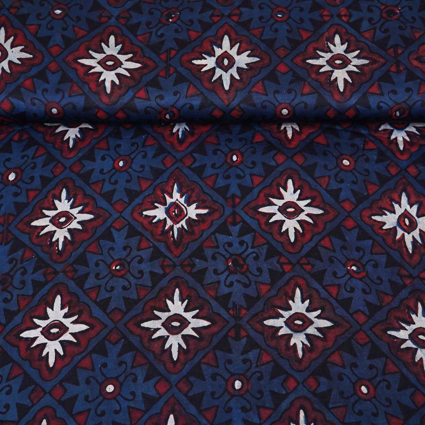 Navy Blue Ajrakh Print Modal Satin Fabric EEG-28733