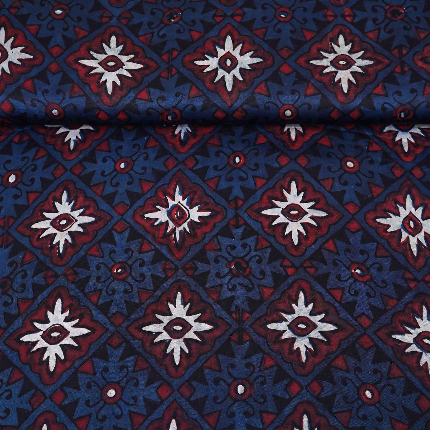 Navy Blue Ajrakh Print Modal Satin Fabric EEG-28733 - TradeUNO