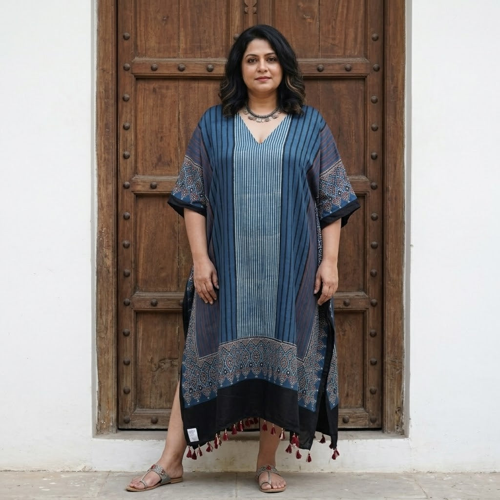 Teal Blue Ajrakh print Modal Silk Kaftan EEG-31642