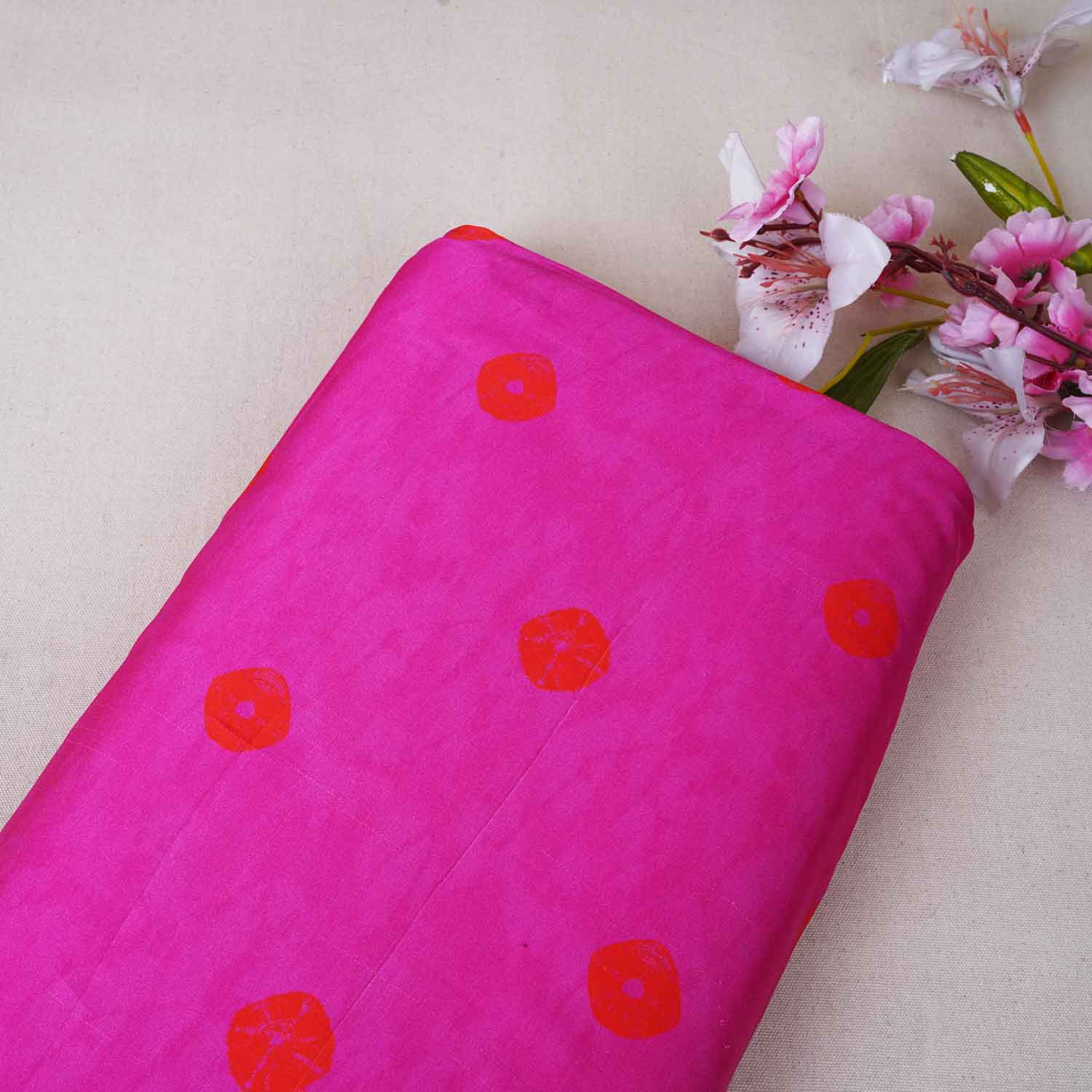 Pink Bandhani Print Modal Satin Fabric MT-28739 - TradeUNO