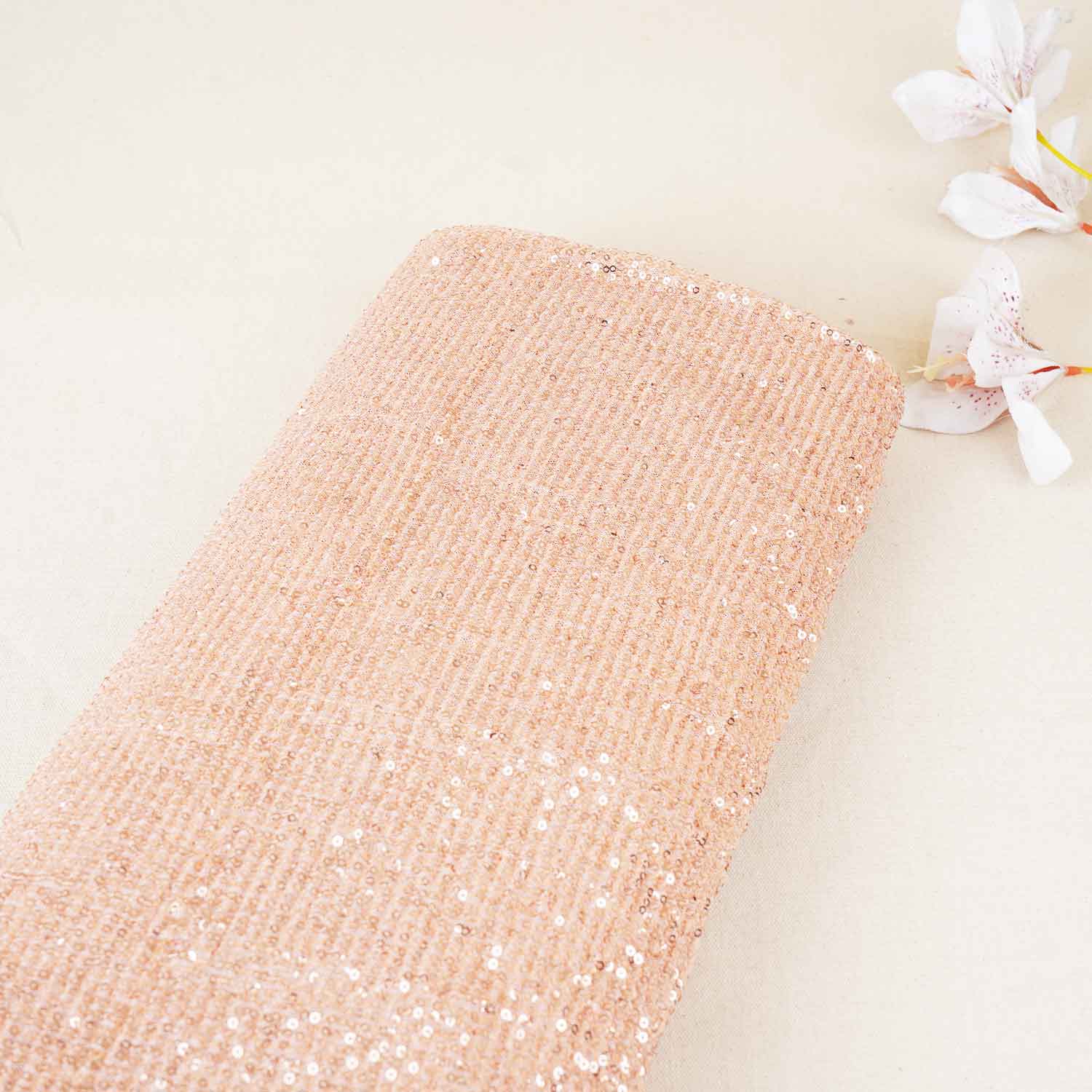 Salmon Pink Sequins & Embrodiery Crushed Power Net Imported Fabric - TradeUNO