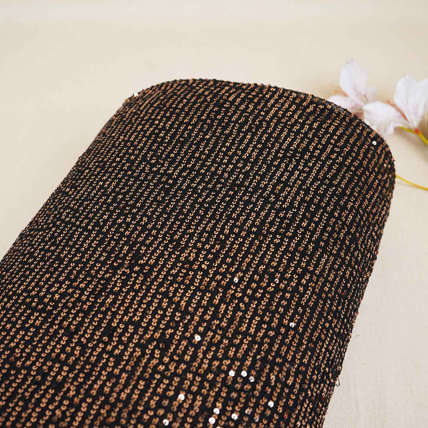 Black & Golden Sequins Embroidery Power Net Fabric - TradeUNO