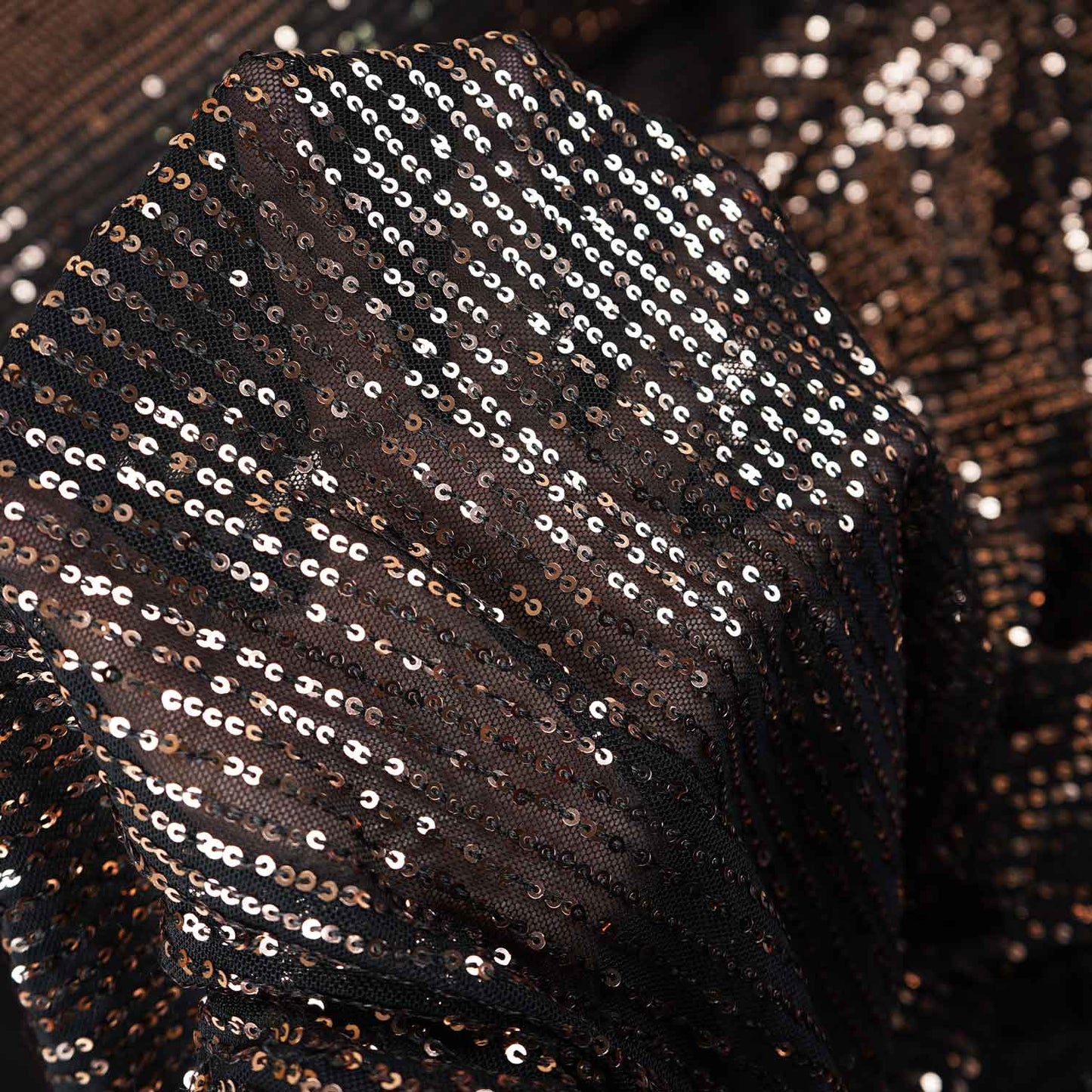Black & Golden Sequins Embroidery Power Net Fabric