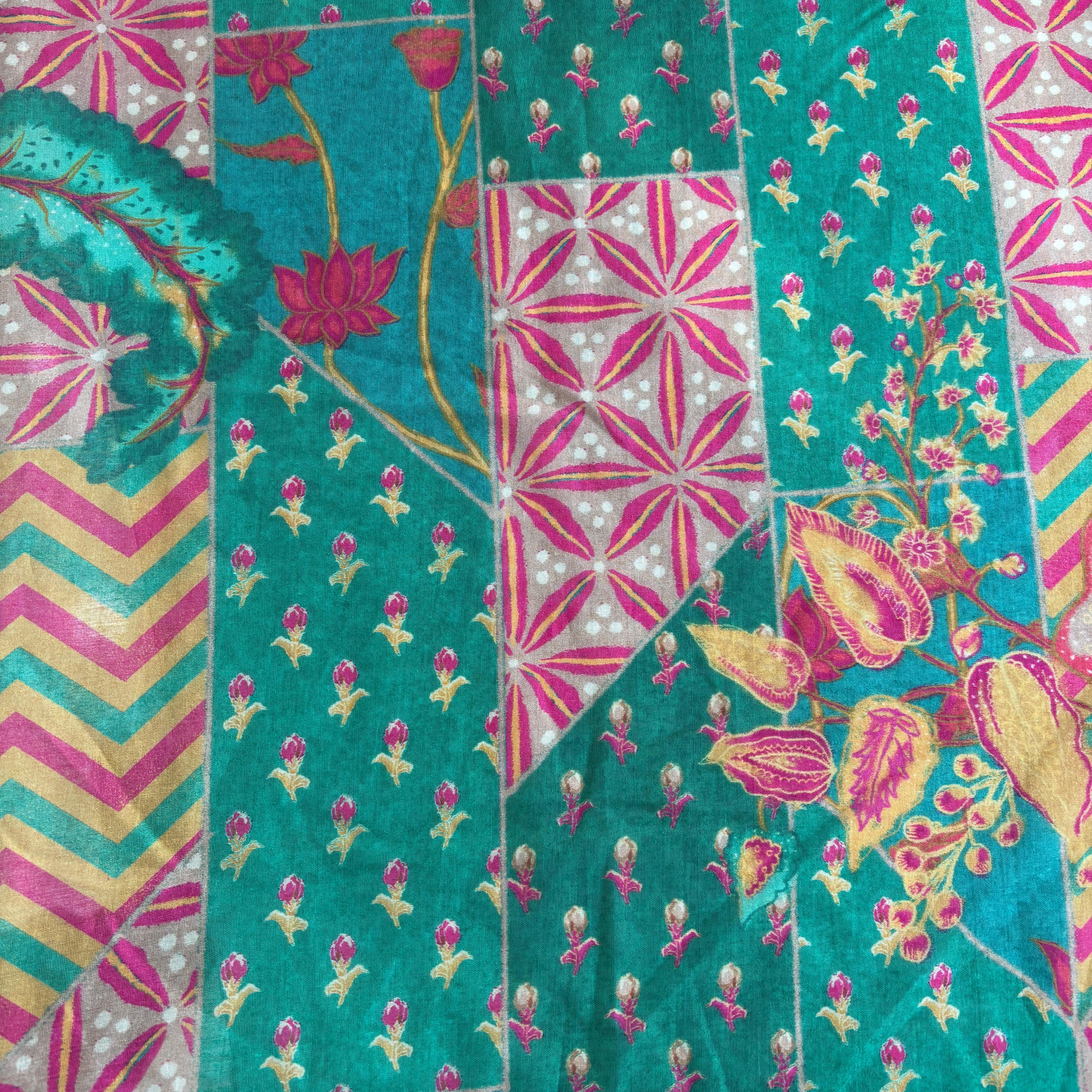 Green Floral Print Chanderi Silk Fabric