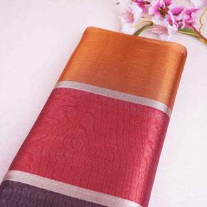 Wine With Multicolor Strips Chanderi Tissue Fabric CW-28767 - TradeUNO