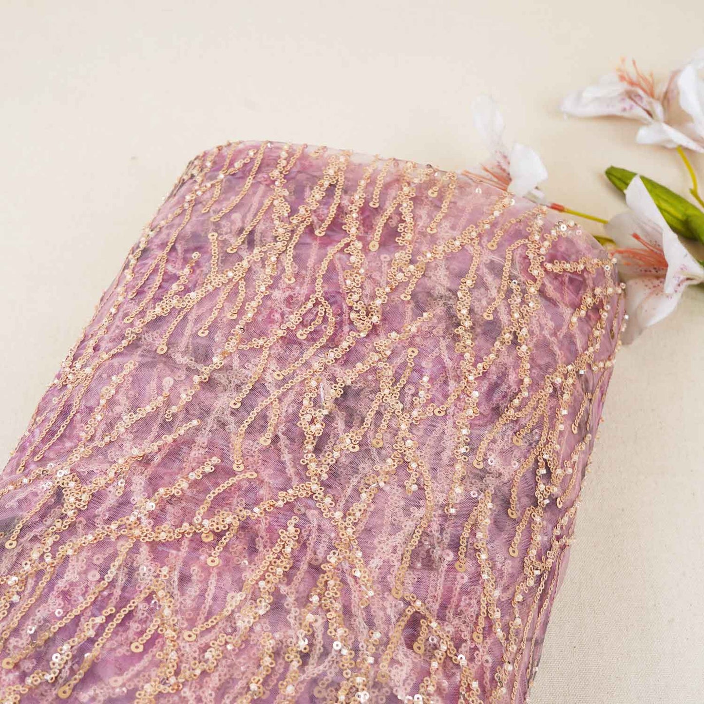 Onion Pink With Golden Floral Sequins Embroidery Net Imported Fabric